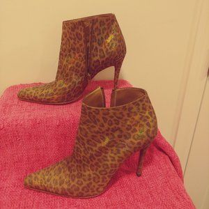 Leopard print leather stilleto heel ankle boots w gold sparkle sheen